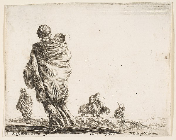 A poor woman to left, seen from behind, enveloping her child in a shawl, another woman seen from behind to left in background, a woman atop a horse and a man to right in background, plate 21 from "Diversi capricci"