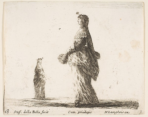 A noblewoman walking towards the left with a feathered fan, another woman in background to left, plate 18 from "Diversi capricci"