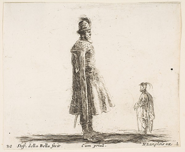 An old Polish nobleman wearing a plumed hat in center, standing in profile facing right, another Polish man to right in background, standing in profile facing left, plate 20 from "Diversi capricci"