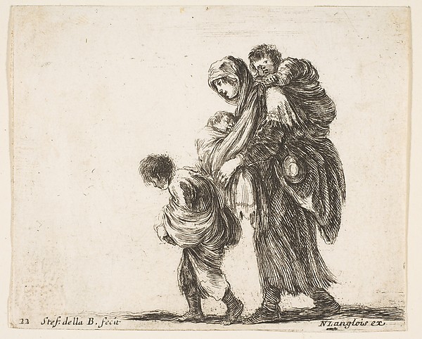 A beggar woman with three children, one child on her shoulders, one child in her arms, and one child who walks in front of her to left, plate 22 from "Diversi capricci"