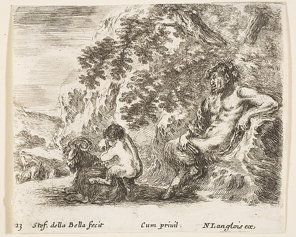 A satyr sitting against a tree to right and holding a flute in his right hand, a child playing with a goat to left, plate 23 from "Diversi capricci"