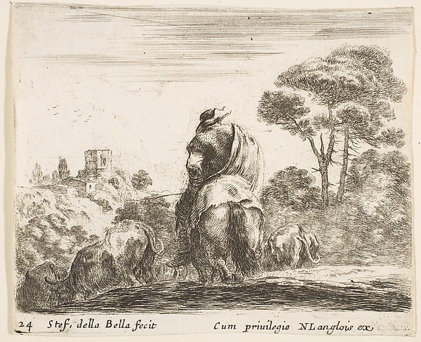 Herdsman atop a horse, seen from behind, leads his cattle down a hill, a tower on a hill to left in the background, plate 24 from "Diversi capricci"