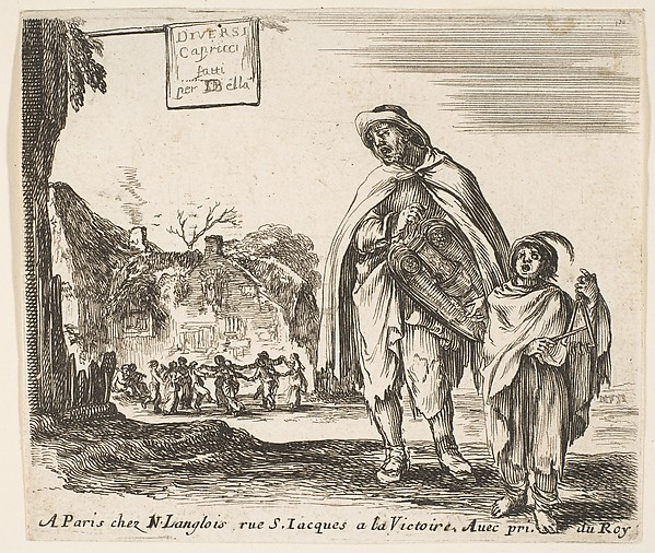 A man sings and plays the hurdy gurdy, accompanied by a boy playing the triangle to right, a group of peasants dancing in a ring to left in background, plate 1 and title page for "Diversi capricci"