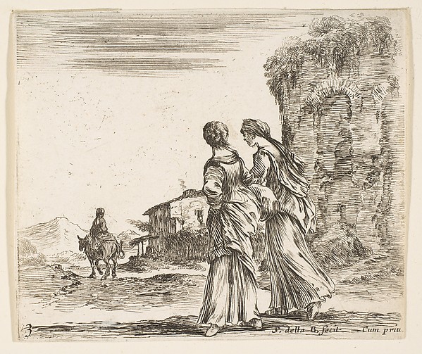 Two girls walking towards the left, seen from behind, a woman on a horse to left in background, plate 3 from "Diversi capricci"