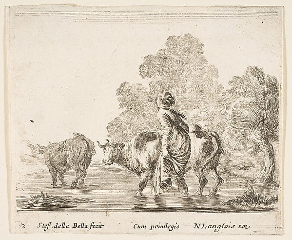 A peasant woman herds two cows across a stream, walking towards the left, plate 2 from "Diversi capricci"