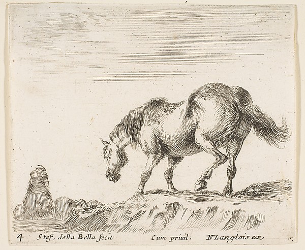 A horse in profile facing the left, about to descend from a mound, a horseman to left in background, plate 4 from "Diversi capricci"