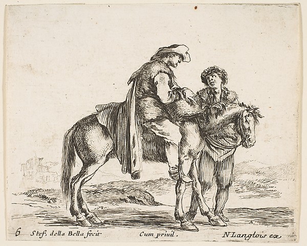 A peasant on horseback in profile facing the right, holding a basket and talking to another man standing behind the horse, plate 6 from "Diversi capricci"