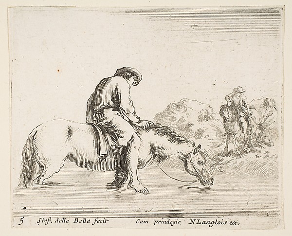 A barefoot peasant on horseback crossing a river, another peasant on horseback and leading a horse on a bank to right in the background, plate 5 from "Diversi capricci"