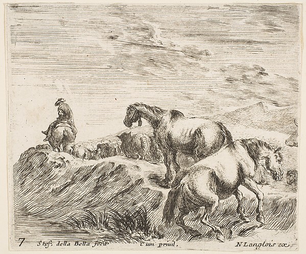 Two horses ascending the bank of a river at right, following a procession of horses and one horseman to the left, plate 7 from "Diversi capricci"