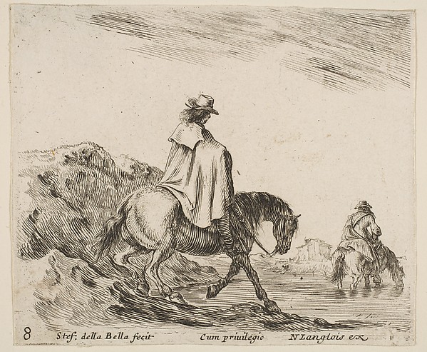 A horseman descends a riverbank, another horseman in river to right, plate 8 from "Diversi capricci"