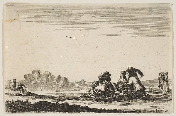Two noblemen seated in center, seen from behind, conversing with a noblewoman seated between them, a noblewoman and man seated to left in background and standing to right in background, plate 7 from "Various Figures" (Agréable diversité de figures)