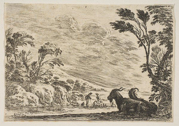 Two goats resting to right, turned towards the left, four men and a horse in a river in the background, plate 9 from "Various Figures" (Agréable diversité de figures)