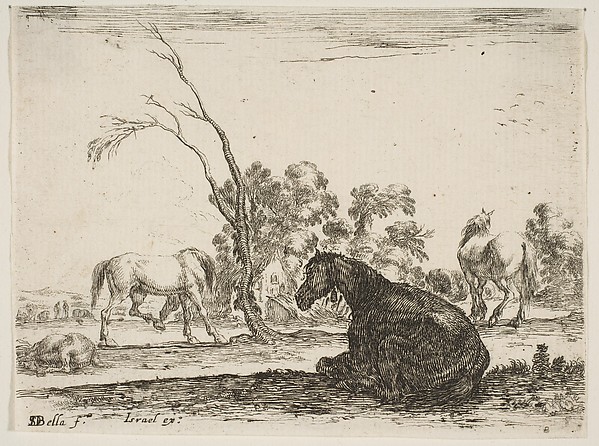 A seated horse to right, seen from behind and turned to the left, three other horses in middleground, a tree in center, plate 8 from "Various Figures" (Agréable diversité de figures)