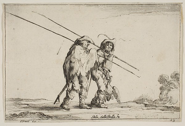Two pikemen walking towards the right, each with their pikes in their right hands, plate 13 from "Various Figures" (Agréable diversité de figures)