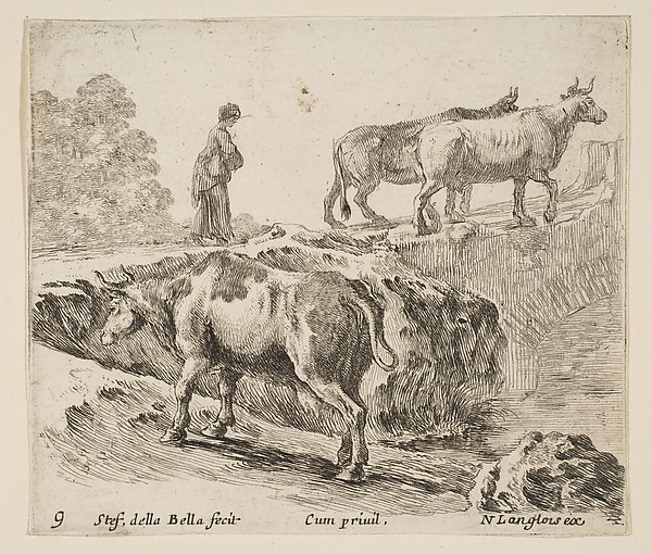 A cow ascending a bank, a peasant woman leading two cows across a bridge in background, plate 9 from "Diversi capricci"