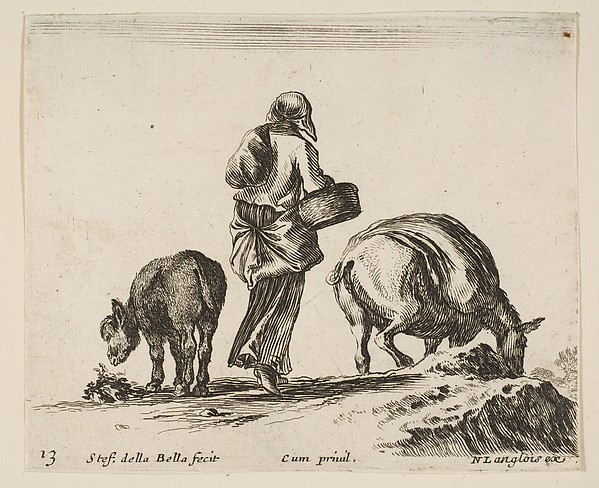 A peasant woman, seen from the back, holding a basket in center, a donkey to left and a horse with a pack on its back to right, plate 13 from "Diversi capricci"