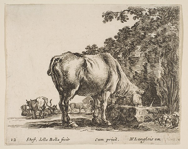 A cow drinking from a stone trough, other cows to left in background, plate 12 from "Diversi capricci"