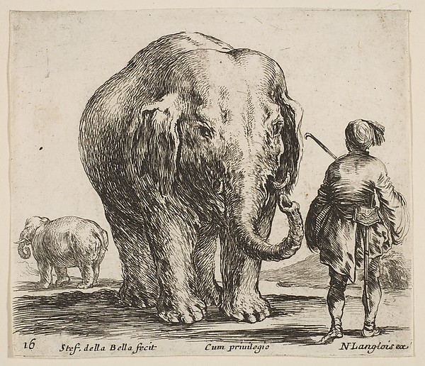 An elephant in center, his mahout standing to the right wearing an Oriental costume, another elephant to left in background, plate 16 from "Diversi capricci"