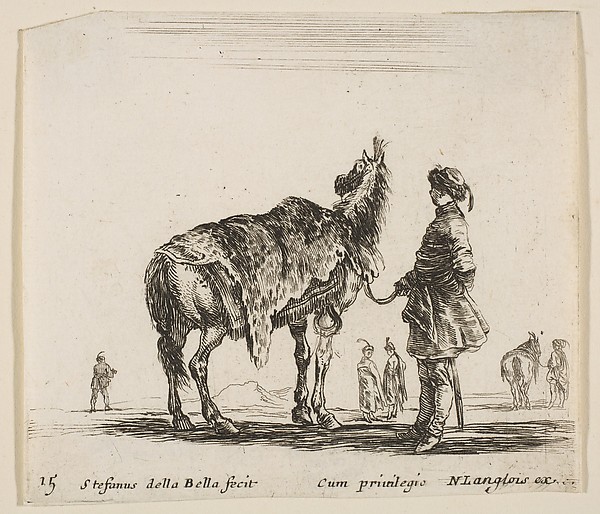A Polish nobleman, facing away, holding his horse covered in leopard skin, four men and a horse in background, plate 15 from "Diversi capricci"