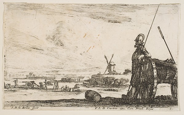 A Pikeman standing at right next to a canon, other military figures in the background, plate 5 from "Various Military Caprices" (Varii capricci militari)