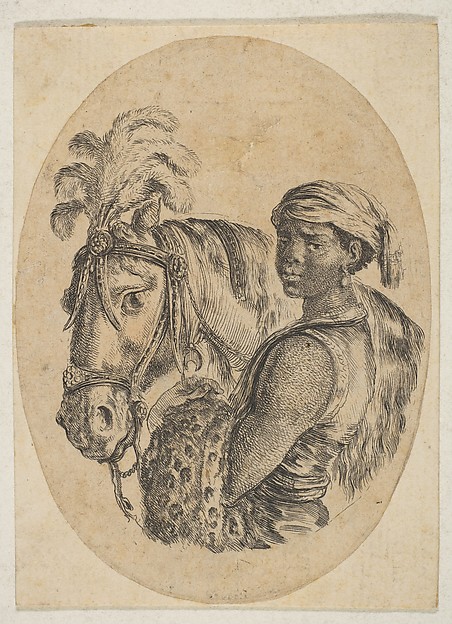 Black slave carries a leopard pelt and holds the bridle of a horse, from "Several heads in the Persian style" (Plusieurs têtes coiffées à la persienne)
