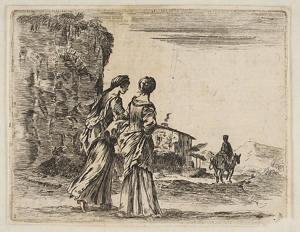 Plate 3: two girls walking towards the right, seen from behind, a woman on a horse to right in background, from "Diversi capricci"