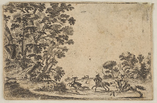 Plate 4: a deer hunt, two horsemen galloping towards the rightbehind three dogs and a deer, a group of trees to left, from "Various Figures" (Agréable diversité de figures)