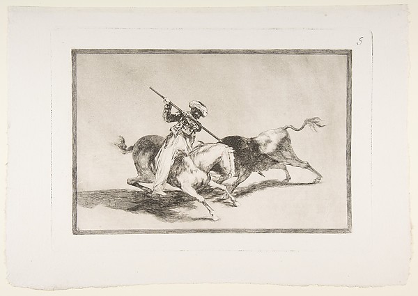 Plate 5 from "La Tauromaquia": The spirited Moor Gazul is the first to spear bulls according to the rules