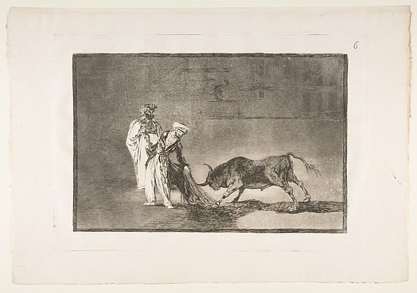 Plate 6 from "La Tauromaquia": The Moors make a different play in the ring calling the bull with their burnous