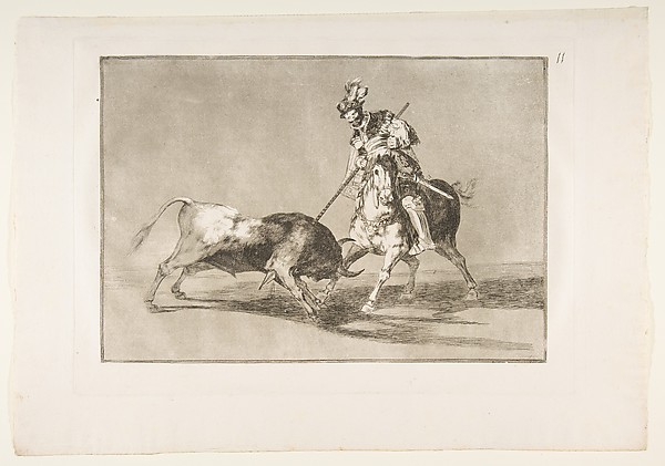 Plate 11 from "La Tauromaquia": The Cid campeador spearing another bull