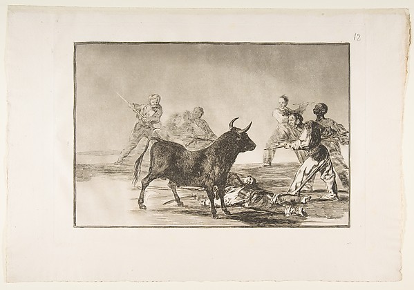 Plate 12 from "La Tauromaquia": The crowd hamstrings the bull with lances, sickles, banderillas and other arms