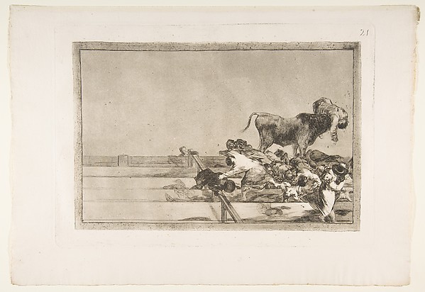 Plate 21 from "La Tauromaquia": Dreadful events in the front rows of the ring at Madrid and death of the mayor of Torrejon