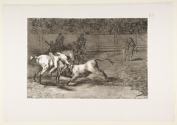 Plate 23 from "La Tauromaquia": Mariano Ceballos, alias the Indian, kills the bull from his horse