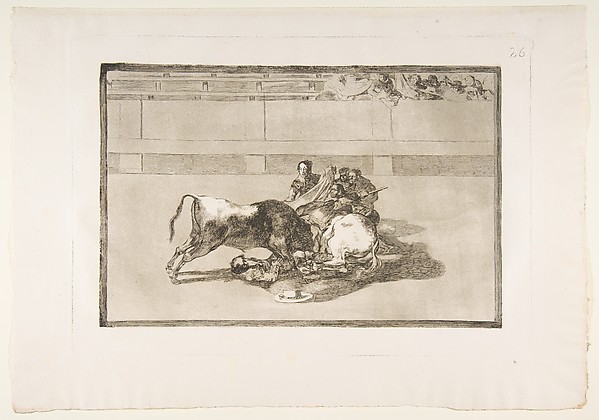 Plate 26 from "La Tauromaquia": A picador is unhorsed and falls under the bull