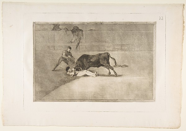 Plate 33 from "La Tauromaquia": The unlucky death of Pepe Illo in the ring at Madrid