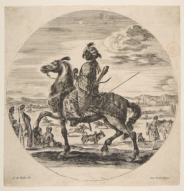 A Moorish horseman facing the left, standing and seated Turks in the middle ground, and other horsemen in the background, from 'Figures on Horseback' (Cavaliers nègres, polonais et hongrois)