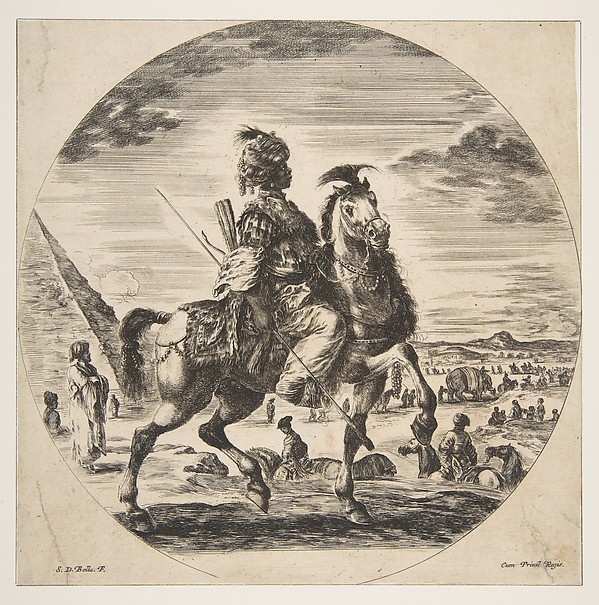 Moorish horseman in profile facing right, in the background a pyramid at left, many figures and an elephant, from 'Figures on Horseback' (Cavaliers nègres, polonais et hongrois)