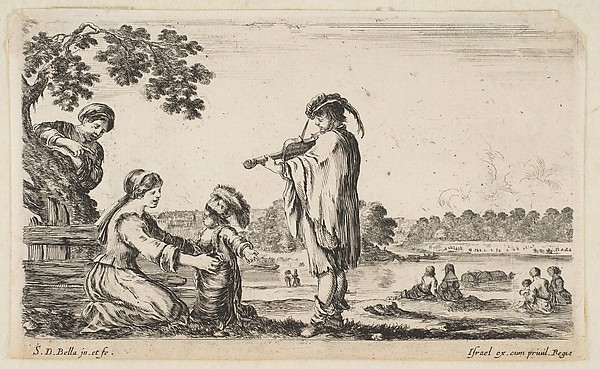 A man playing the violin in center, turned towards the left in profile, a seated woman to left playing with her dancing child, another woman standing and pointing behind a tree to left, seated women in a landscape to right in the background, from "Various figures and lands" (Diverse figure e paesi)