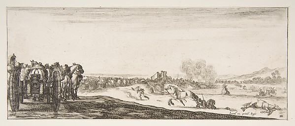 A procession of horse-drawn cannon carriages to left, horsemen in combat and a dead horse to right, battle on a bridge in center background, from "Peace and War" (Divers desseins tant pour la paix que pour la guerre)