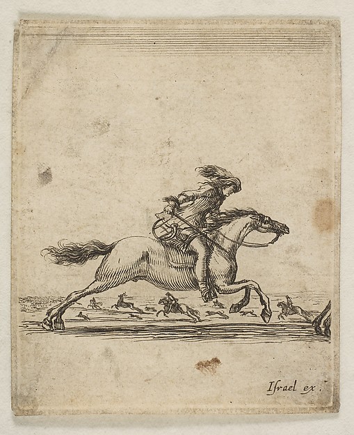 A horseman with sword in hand galloping towards the right, other horsemen galloping towards the left in the background, from "Various cavalry exercises" (Diverses exercices de cavalerie)