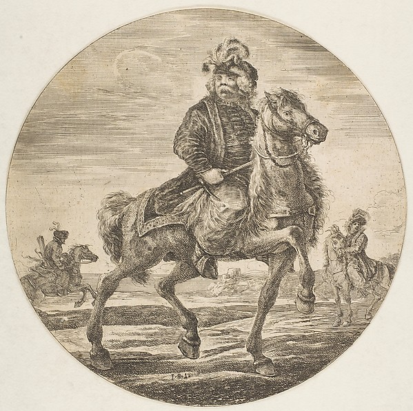 Hungarian horseman riding towards the right, other horsemen in the background, a circular composition from "Figures on Horseback (Cavaliers nègres, polonais et hongrois)