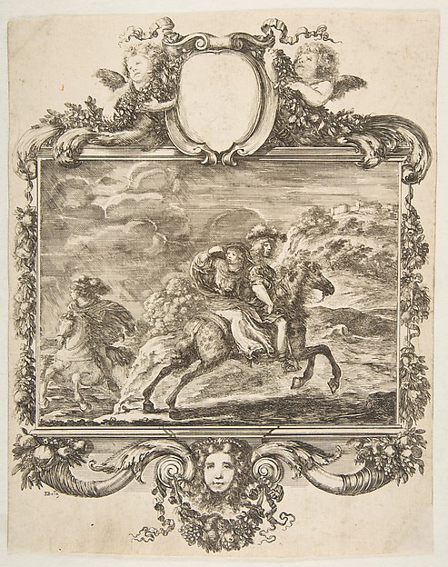 A cavalier and a lady on horseback, within an ornate border decorated with fruit and cornucopias