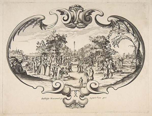 Fan with figures in a garden