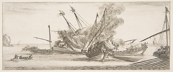 Naval combat, a ship at center, seen from behind, firing at four enemy ships, another ship entering from the right, a rowboat with nine people to left, from "Peace and War" (Divers desseins tant pour la paix que pour la guerre)