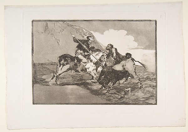 Plate 1 from "La Tauromaquia": The way in which the ancient Spaniards hunted bulls on horseback in the open country