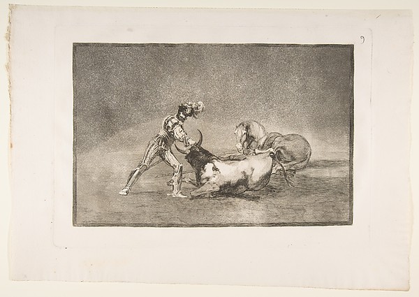 Plate 9 from "La Tauromaquia": A Spanish knight kills the bull after having lost his horse