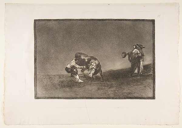 Plate 16 of "La Tauromaquia": The same man throws a bull in the ring at Madrid