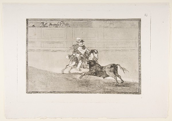 Plate 13 of  "La Tauromaquia": A Spanish mounted knight in the ring breaking short spears without the help of assistants