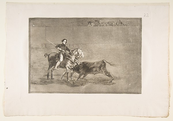 Plate 22 from "La Tauromaquia": Manly courage of the celebrated Pajuelera in [the ring] at Zaragoza