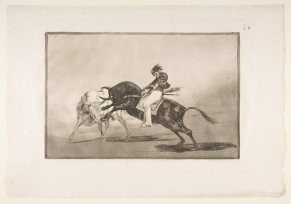 Plate 24 of "La Tauromaquia": The same Ceballos mounted on another bull breaks short spears in the ring at Madrid